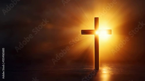 Wooden cross glowing with bright light and radiant sun rays, symbolizing spiritual faith and hope, religious symbol shining warmly in dark background silhouette for worship