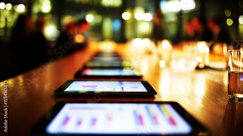 Wallpaper Mural Neatly arranged sleek black tablets on polished wooden table displaying colorful graphs and charts for data tasks, tall slender glass of clear water Torontodigital.ca