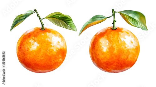 Two vibrant tangerines with green leaves create a watercolor painting style on a dark transparent background, ideal for summer themes.