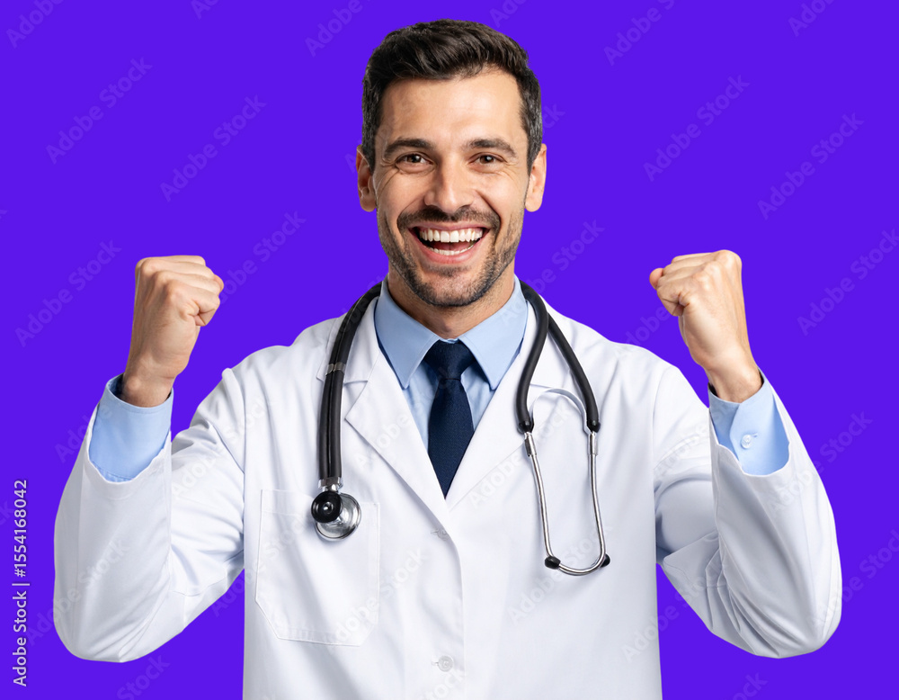 Excited Male Caucasian Doctor Cheering with Joy, Transparent Background PNG Excited Male Caucasian Doctor Cheering with Joy, Transparent Background PNG