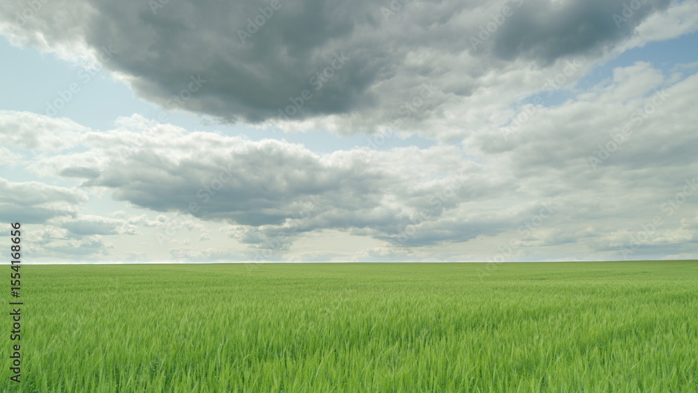 Obraz premium Beautiful Serene Green Fields Stretching Out Under A Dramatic Cloudy Sky Above Them