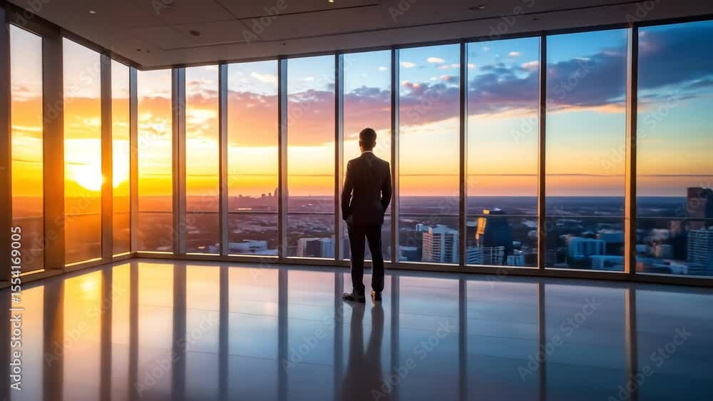 A Businessman Looks Out Over a Stunning Cityscape at Sunset from a Modern Office A Businessman Looks Out Over a Stunning Cityscape at Sunset from a Modern Office