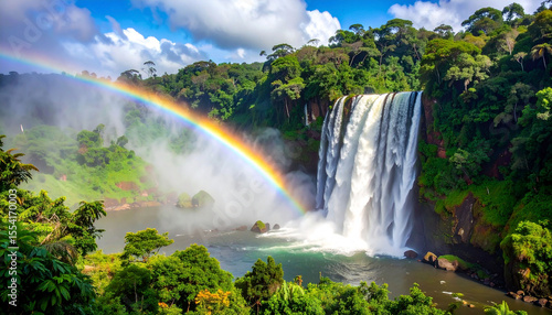 Lush rainforest waterfall cascading into a pool, a vibrant rainbow arcing over the mist-shrouded scene under a partly cloudy sky