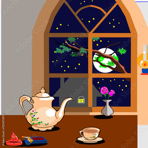 a scene of the fullmoon from the window with a set of coffeepot and a pack of cigarette .
