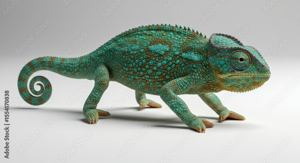 Obraz premium Colorful Chameleon Lizard with Bright Blue and Orange Scales on Gray Background