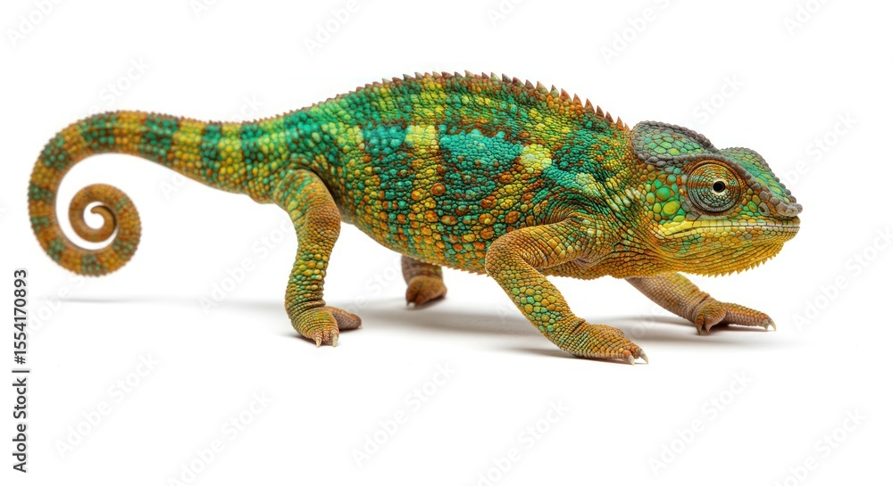 Obraz premium Colorful Chameleon Reptile with Bright Green and Orange Scales on White Background