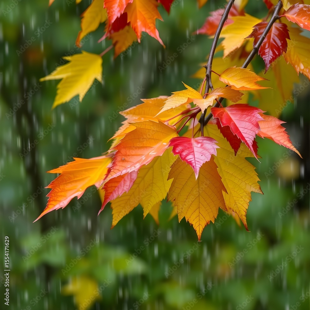 Obraz premium Leaves bouncing gently under a steady drizzle, colors brightened.
