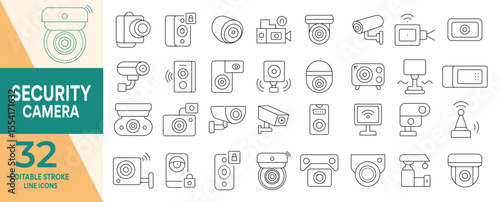 Security camera icon set cctv surveillance system . Editable stroke line protection, access, secure of data, document, recognition, security camera, and more. Vector illustration