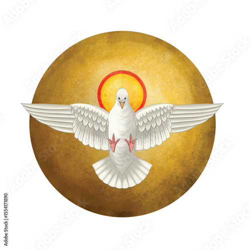 Holy Spirit symbol - a white dove, with halo of light flame fire rays and Holy Trinity symbol