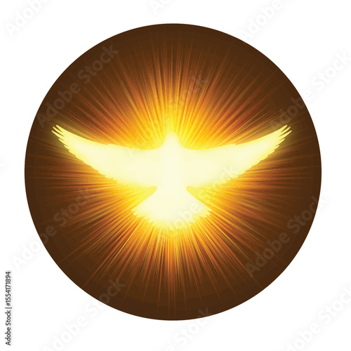 Holy Spirit symbol - a white dove, with halo of light flame fire rays and Holy Trinity symbol