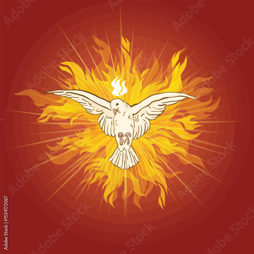Holy Spirit symbol - a white dove, with halo of light flame fire rays and Holy Trinity symbol