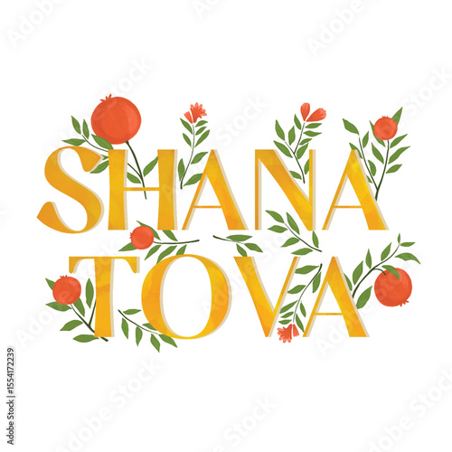 Rosh Hashanah design template with hand drawn pomegranate branches. Shana Tova Lettering.