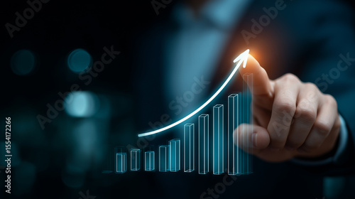 Glowing touch screen check chart draw  rise arrow graph, show smart strategy.
