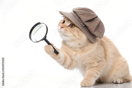 Adorable detective cat in a hat with magnifying glass ready to investigate