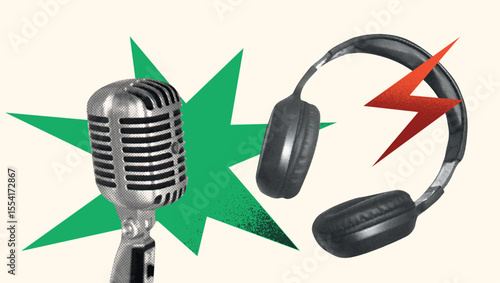 Vintage retro music halftone set. Collage collection with microphone, headphones, lightning. Grunge equipment, mic. Modern disco elements for sing poster, podcast, karaoke. Trendy isolated vector illu