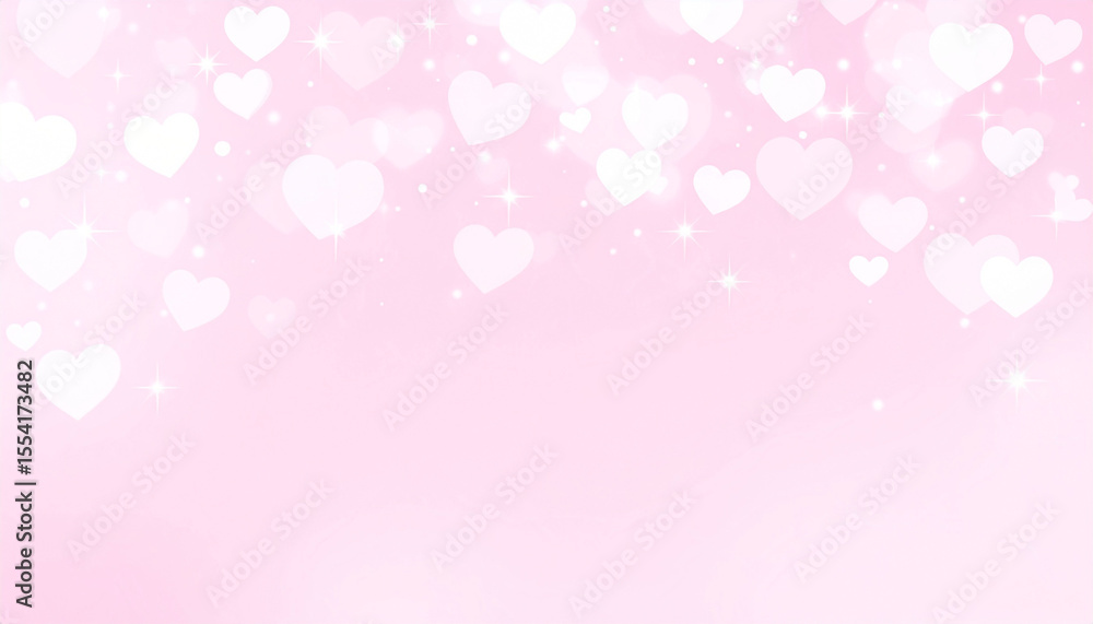 Soft pink background with blurred white hearts and sparkles, mostly concentrated at the top, leaving space below
