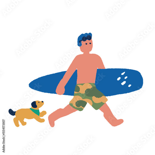 夏を楽しむ人々のイラスト　サーフボードを持つ男性と犬
