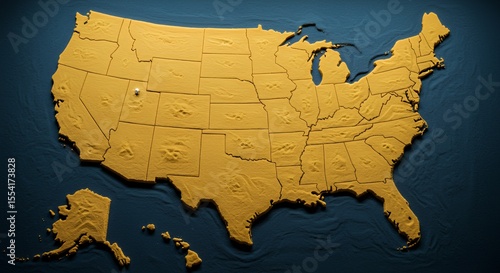 Golden US Map Relief, Textured States, Detailed Geography