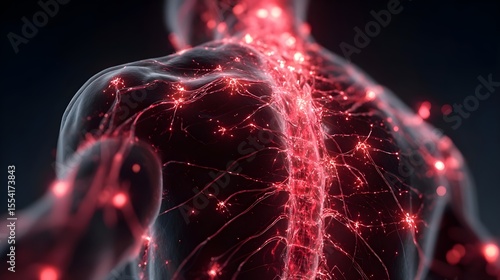 Human body with glowing red pain points on neural pathways illustrating pain or nerve stimulation 