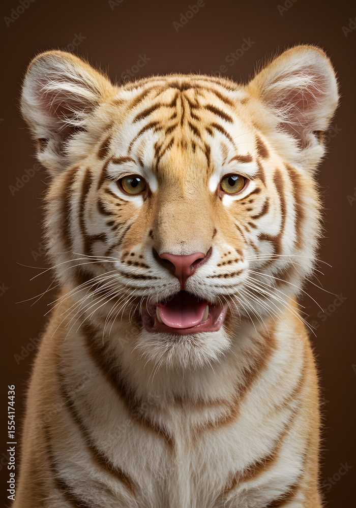 Obraz premium Close-Up Portrait of a Tiger Cub with Orange Fur and Black Stripes – Adorable Baby Big Cat on Brown Studio Background