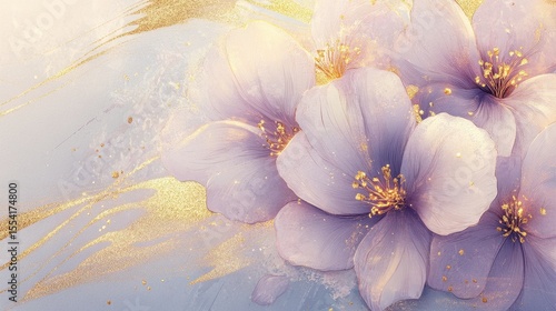 Delicate lavender flowers on a light gray background with gold accents.