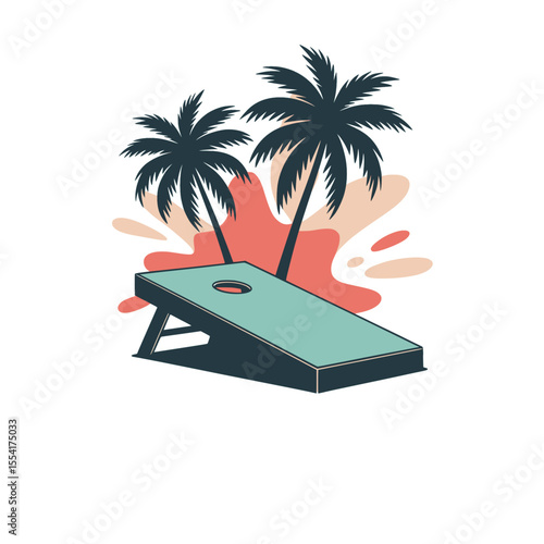 Cornhole board with palm trees illustration, Stylized cornhole board graphic with tropical palm trees and colorful splash, evoking beach vibes and outdoor summer fun.

