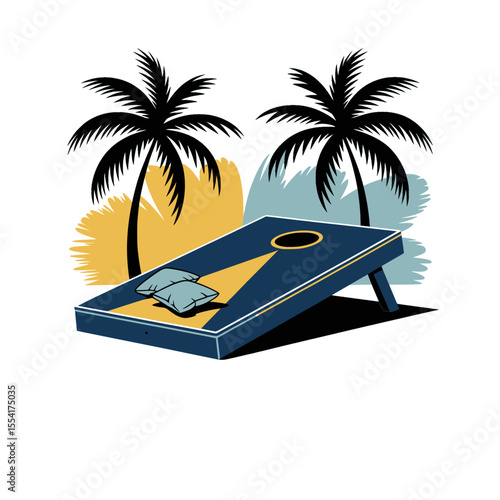 Cornhole game board with bean bags and palms, Illustrated cornhole board with bean bags and tropical palm trees, featuring bold colors and a beach-style summer vibe.

