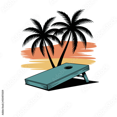 Cornhole board with palm trees illustration, Stylized cornhole board graphic with tropical palm trees and colorful splash, evoking beach vibes and outdoor summer fun.

