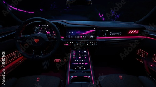 Interior view of a modern automobile with neon lighting accents
