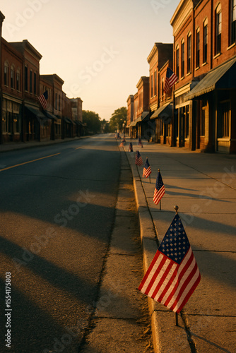 Independence Day (US): Peaceful American main street decorated with US flags at sunrise