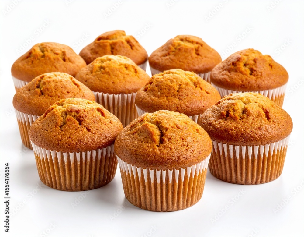 A delectable arrangement of freshly baked muffins in white paper cups are displayed on a white surface with a soft, bright light enhancing their golden brown color. A delectable arrangement of freshly baked muffins in white paper cups are displayed on a white surface with a soft, bright light enhancing their golden brown color.