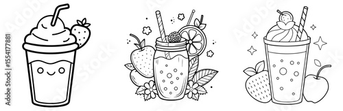 Fruit Smoothie Vector Set: Milkshake, Frappe, Whipped Cream, Drink, Summer, Outline Icon