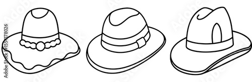 Fedora Hat Vector Set: Wide Brim, Explorer, Vintage, Safari, Fashion, Line Art Icon