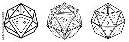 Set of D20 Dice Vector Icons - Black and White Line Art for Role-Playing Games and Gaming