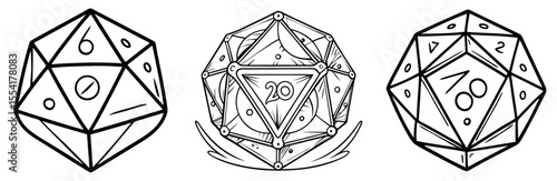 Set of D20 Dice Vector Icons - Black and White Line Art for Role-Playing Games and Gaming