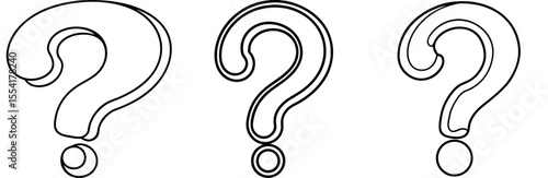Question Mark Vector Set: 3D Outline, Query, Help, FAQ, Problem, Solution, Line Art Symbol