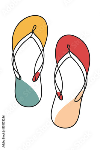Colorful flip-flops in yellow, red, and teal, vector illustration. Beach life, vacations, summer accessories for holidays. Shopping for trip