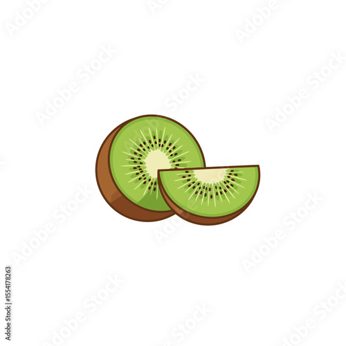 Sliced kiwi fruit in section with visible flesh and seeds, vector illustration. Healthy diet, vitamins, vegan and vegetarian food ingredients