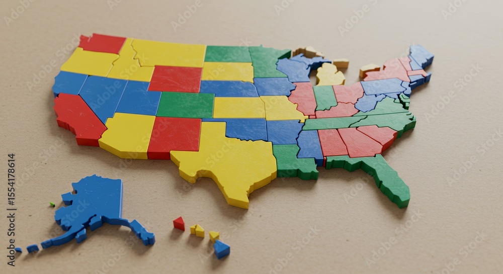 Fototapeta Colorful Wooden Puzzle Map of the United States Captures Playful Patriotism