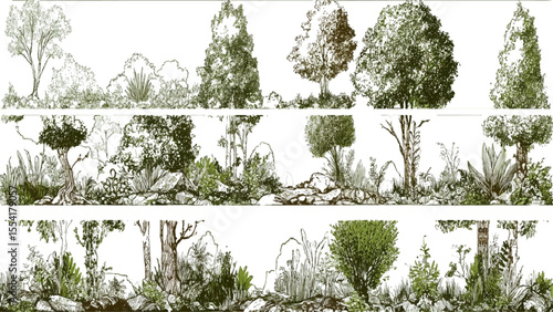 Minimal style cad tree line drawing, Side view, set of graphics trees elements, tree sketches, silhouette tree vector element