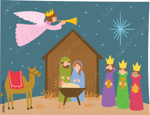 Принти на полотні Illustration of full nativity scene including Mary, Joseph and baby Jesus