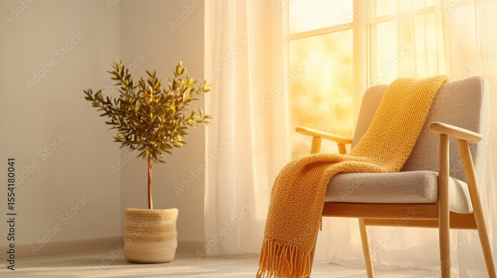 A comfortable armchair and decorative plant with warm sunlight coming through A comfortable armchair and decorative plant with warm sunlight coming through