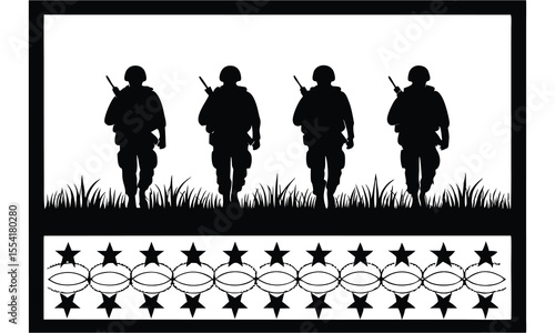 Silhouette of four soldiers walking through grass with stars and chain link fence design below them