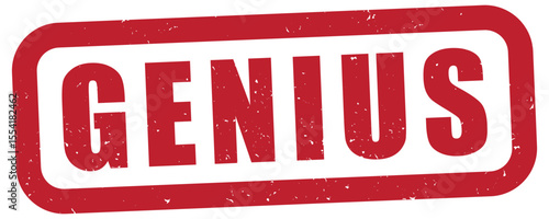 genius text with a rubber stamp effect, distressed grunge texture, concept, label, confirmation, smart, brilliant, website element, transparent background, red grunge rubber stamp, isolated vector art