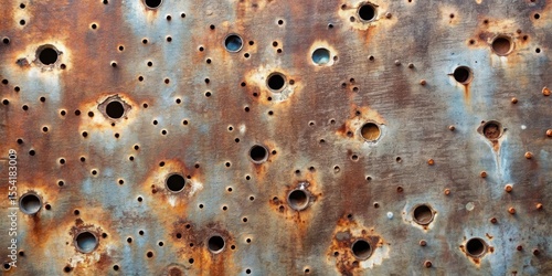 Weathered metal sheet with bullet holes scattered across the surface