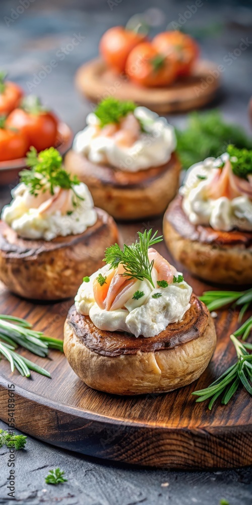Roasted mushroom caps filled with savory salmon mixture topped with a dollop of whipped cream and fresh dill Roasted mushroom caps filled with savory salmon mixture topped with a dollop of whipped cream and fresh dill