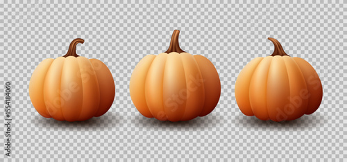Set of realistic pumpkins. Vector realistic 3d orange pumpkins for autumn events or holiday decoration. Collection of 3d objects. Design elements isolated on checkered background.