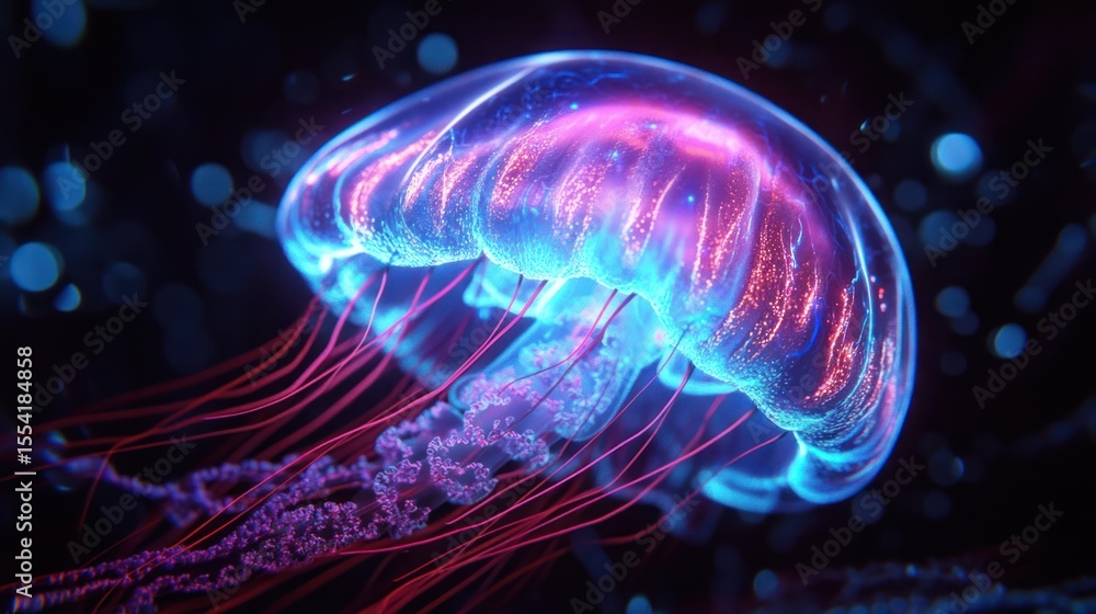 Naklejka premium A mesmerizing jellyfish with glowing edges floats amidst blurred blue light bubbles