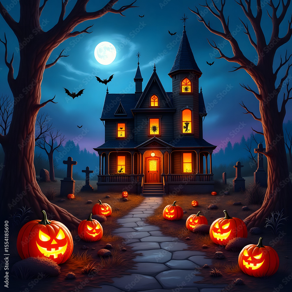 Fototapeta premium Spooky Halloween Night with Glowing Jack O Lanterns and Haunted House