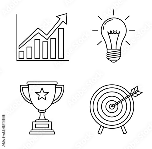 Collection of business icons including a chart, bulb, trophy, and a target with an arrow